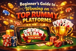 Beginner’s Guide to Winning on Top Rummy Platforms featured image showing a smartphone with a winning rummy hand and “You Win” banner, surrounded by playing cards, gold coins, poker chips, dice, and a trophy in a vibrant casino-style setting.