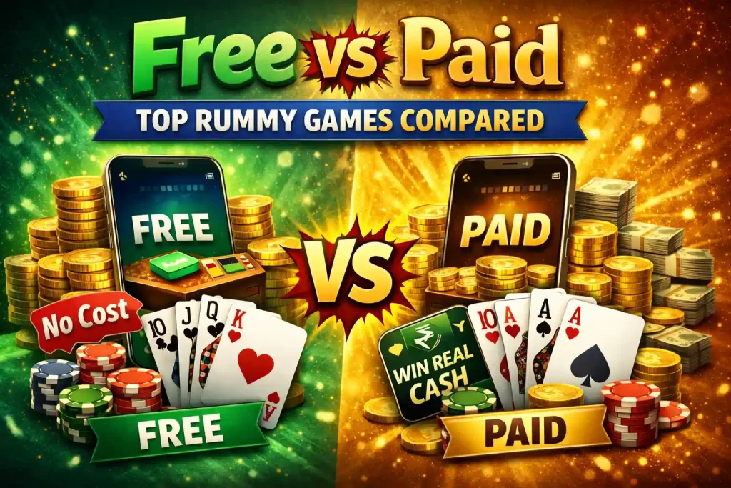 Free vs Paid Rummy Games comparison graphic showing two smartphones with playing cards, poker chips, gold coins, and cash prizes highlighting differences between free rummy apps and paid real-money rummy games.