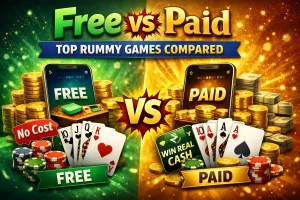 Free vs Paid Rummy Games comparison graphic showing two smartphones with playing cards, poker chips, gold coins, and cash prizes highlighting differences between free rummy apps and paid real-money rummy games.