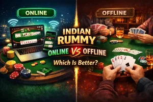 Indian Rummy online vs offline comparison showing laptop and mobile rummy game with chips and cards on one side and real table card game on the other.