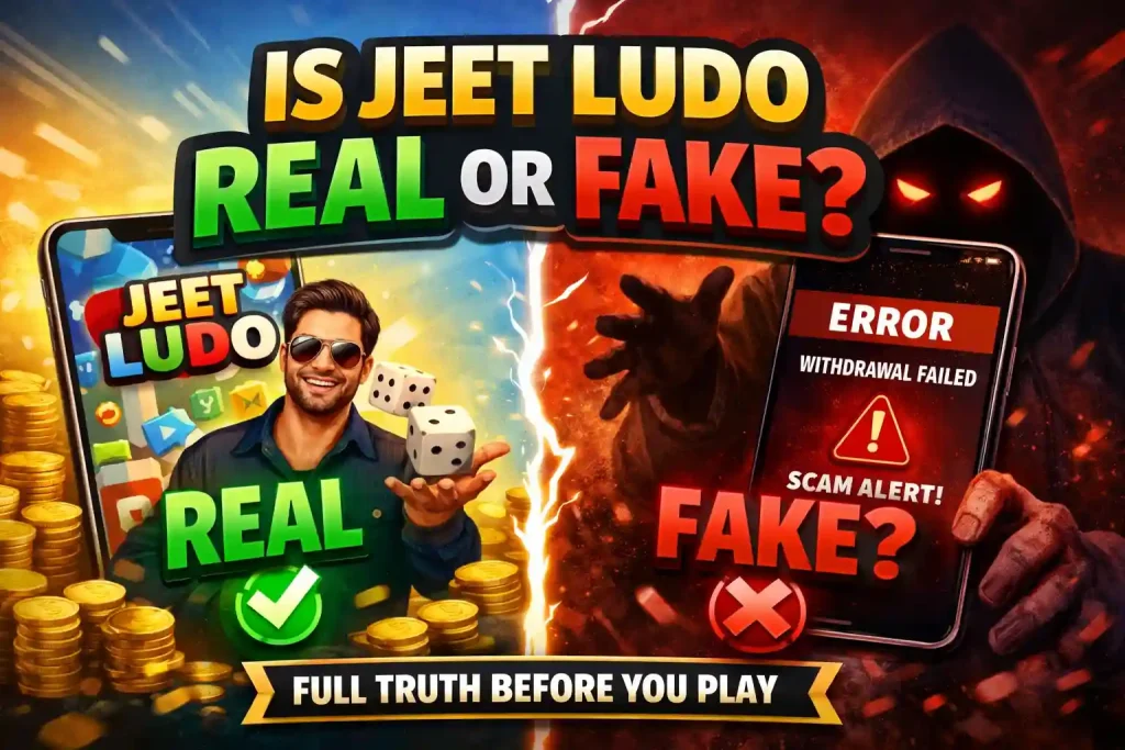 Jeet Ludo app real or fake – detailed guide before playing, showing comparison of legit gameplay with rewards versus scam warnings and withdrawal errors.