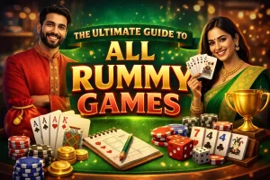 Indian male and female models smiling beside bold “The Ultimate Guide to All Rummy Games” text, surrounded by playing cards, poker chips, dice, and a gold trophy on a casino-style green table background.