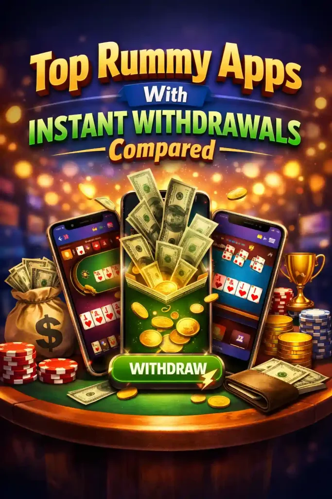 Top rummy apps with instant withdrawal comparison featuring mobile rummy games, cash rewards, poker chips, and fast withdraw option.