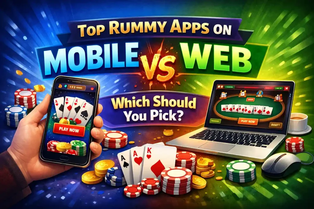 Vibrant digital illustration comparing mobile and web rummy apps. On the left, a hand holds a smartphone showing a rummy game with poker chips and coins around it against a blue background. On the right, a laptop displays a rummy table with cards, chips, and a mouse on a green background. Bold text reads 'Top Rummy Apps on Mobile vs Web' with a fiery 'VS' and the question 'Which Should You Pick?'.