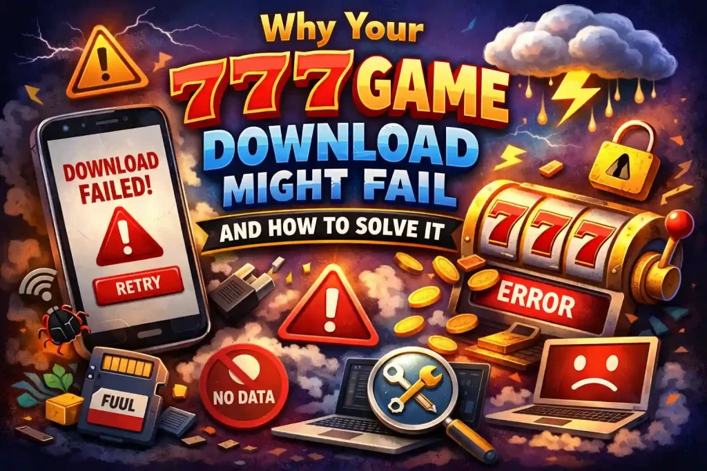 Illustration showing 777 game download failed error on smartphone with retry button, slot machine 777 error message, no data warning, full storage icon, and troubleshooting tools, representing common causes and fixes for 777 casino game download issues on mobile devices.