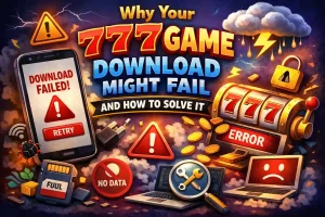 Illustration showing 777 game download failed error on smartphone with retry button, slot machine 777 error message, no data warning, full storage icon, and troubleshooting tools, representing common causes and fixes for 777 casino game download issues on mobile devices.