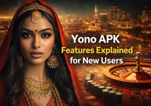 Yono APK features explained for new users with casino-style gaming background and online card game app theme.