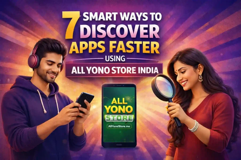 7 smart ways to discover apps faster using All Yono Store India with smartphone displaying AllYonoStore.me and Indian users exploring apps.