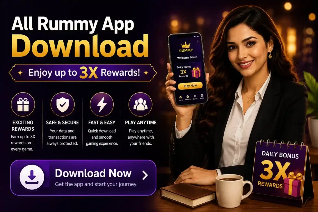 All Rummy App Download image with model, mobile app preview, 3X rewards text, security, and download icons.