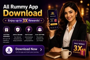 All Rummy App Download image with model, mobile app preview, 3X rewards text, security, and download icons.
