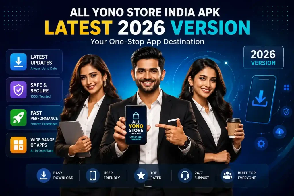 All Yono Store India APK latest 2026 version image with app download, safety, performance, and user-friendly icons.
