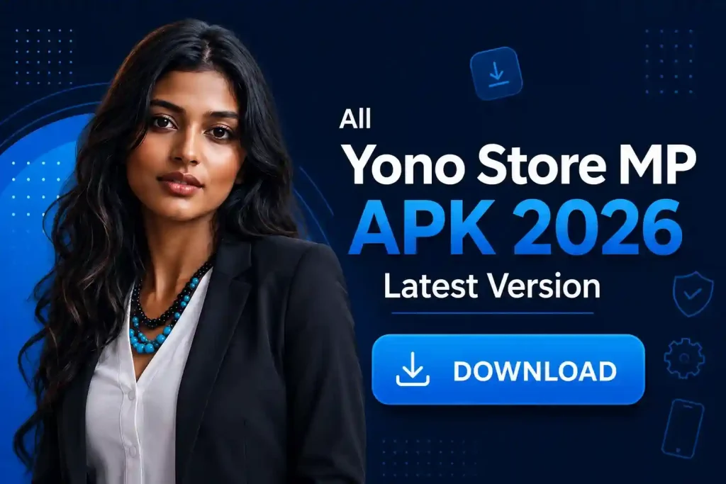 All Yono Store MP APK 2026 latest version image with model, download button, and security-themed app icons.