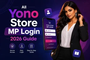 All Yono Store MP Login 2026 guide image with model, mobile login screen, secure access, and step-by-step icons.