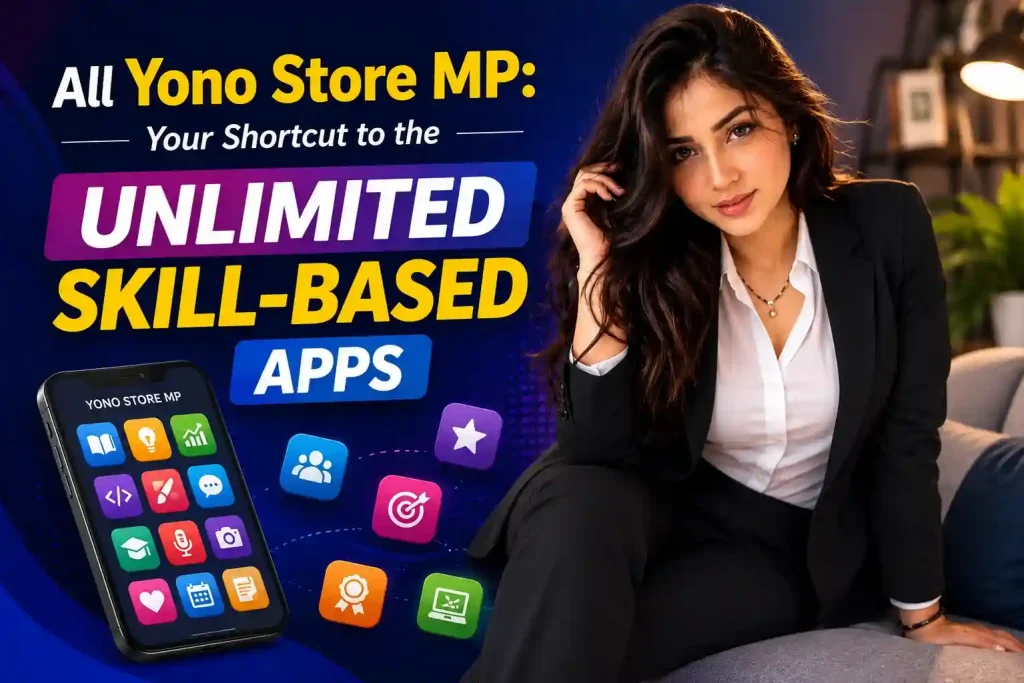 All Yono Store MP skill-based apps guide image with model, mobile app icons, and informational tech-style layout.