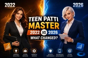 Teen Patti Master 2022 vs 2026 comparison image showing strategy, security, technology, and gameplay changes.