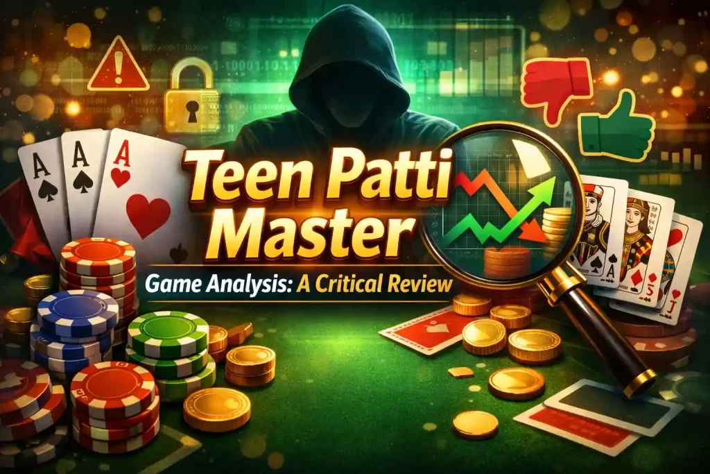 Teen Patti Master critical review concept with cards, chips, warning icon, and analytics chart symbolizing game analysis.