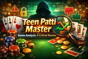 Teen Patti Master critical review concept with cards, chips, warning icon, and analytics chart symbolizing game analysis.