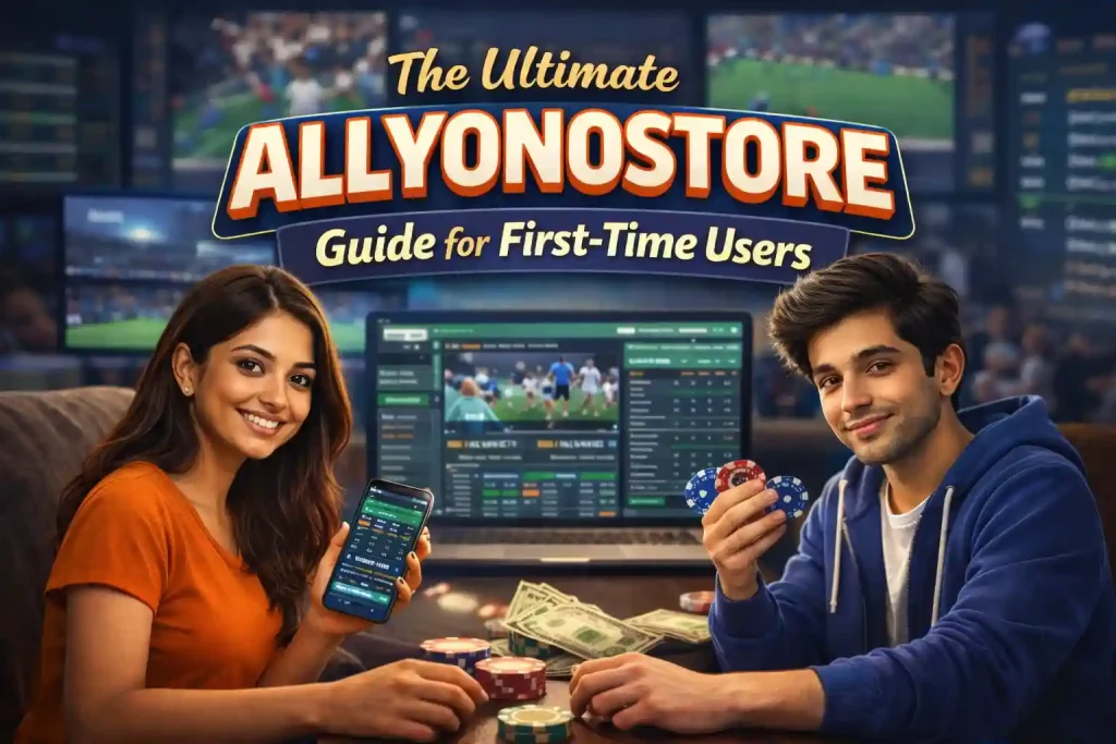 Indian man and woman using a sports betting app on smartphone and laptop with Allyonostore guide for first-time users banner.