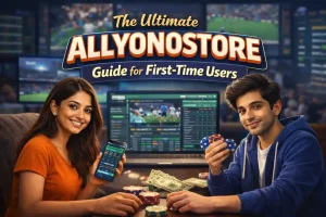 Indian man and woman using a sports betting app on smartphone and laptop with Allyonostore guide for first-time users banner.