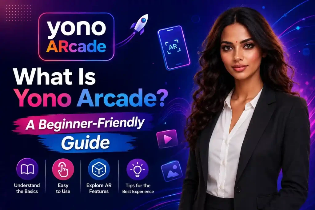 Yono Arcade beginner-friendly guide image with model, AR features, basic tips, and easy-use informational icons.