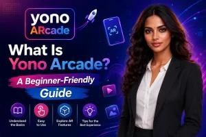 Yono Arcade beginner-friendly guide image with model, AR features, basic tips, and easy-use informational icons.