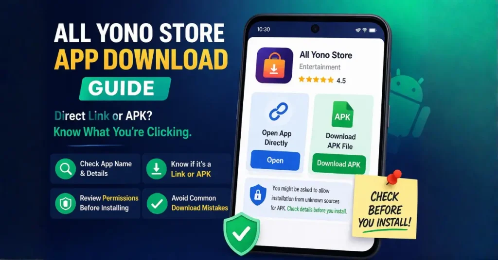 All Yono Store app download image showing a phone with direct link and APK download options
