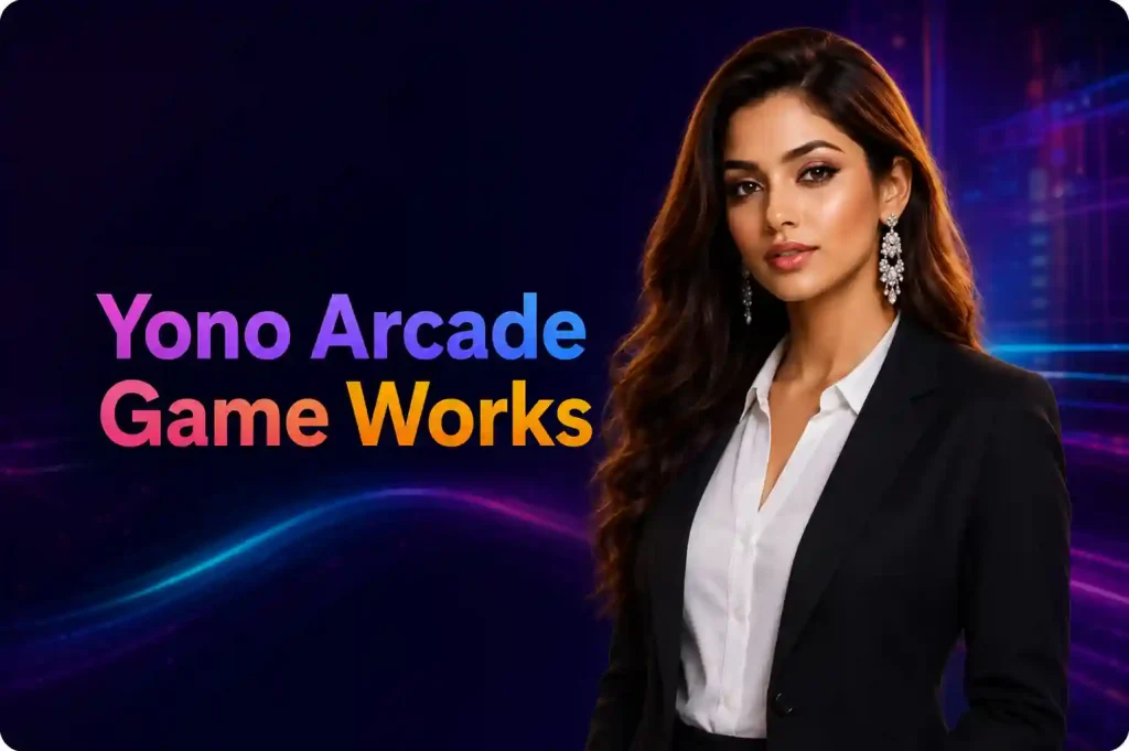 Yono Arcade Game Works banner with neon arcade-style background and a professional Indian woman