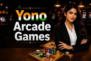 Yono Arcade Games banner with bold title, professional woman, board game pieces, dice, and warm arcade lounge background.