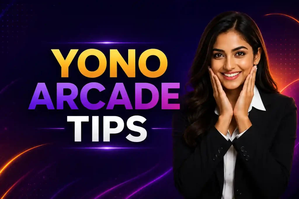 Yono Arcade Tips banner with neon purple arcade background, bold title, and smiling professional Indian woman.