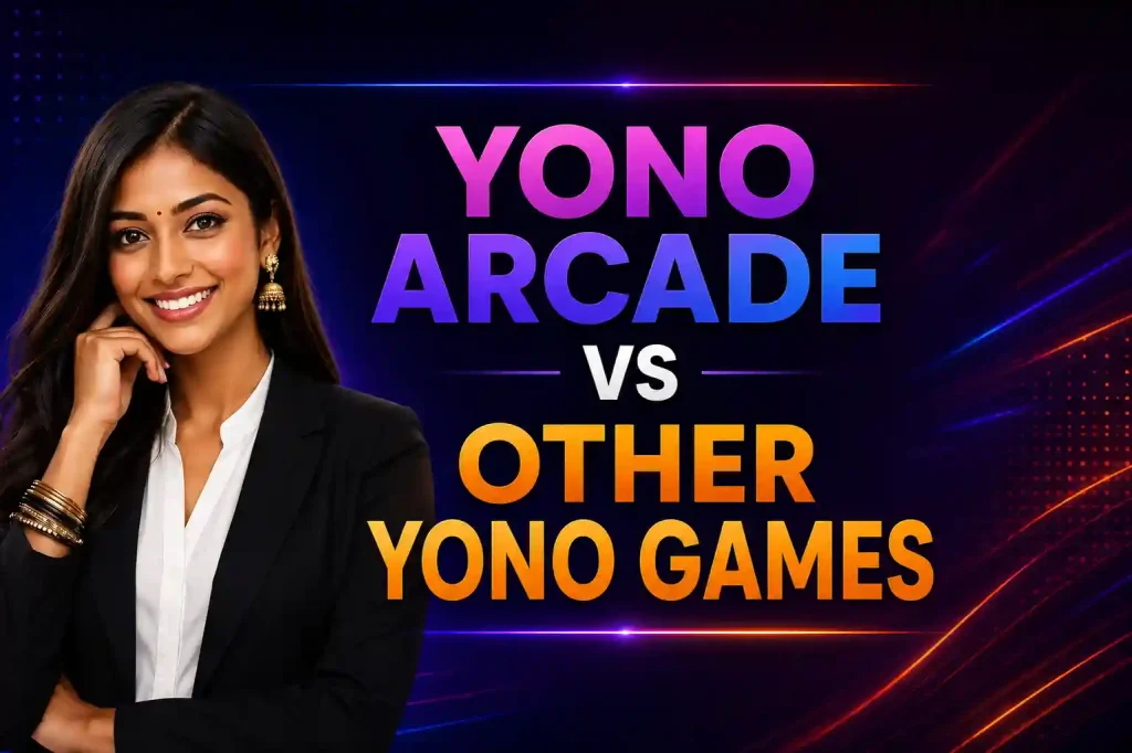 Yono Arcade vs Other Yono Games banner with neon background, bold comparison title, and smiling professional Indian woman.