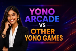 Yono Arcade vs Other Yono Games banner with neon background, bold comparison title, and smiling professional Indian woman.
