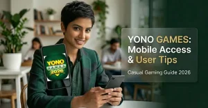 Indian woman reviewing the Yono Games guide on a mobile device in a modern cafe, showcasing features and user tips
