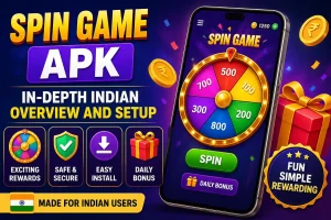 Colorful promotional graphic for Spin Game APK showing a smartphone with a spinning reward wheel, coins, gift boxes, and text highlighting in-depth Indian overview, easy install, daily bonus, and secure gameplay features.