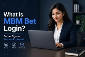 “Professional indian woman in business attire using a laptop in a modern office setting, with a blue-themed layout displaying the text ‘What Is MBM Bet Login? Secure Sign-In Process Explained’ alongside security icons.”