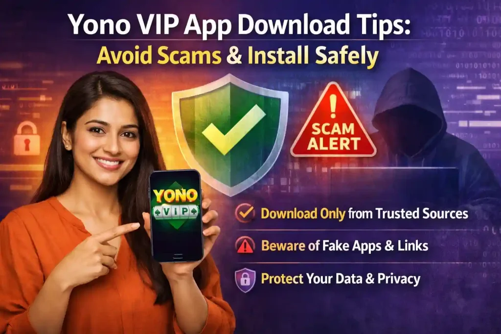 Yono VIP app download tips featured image showing Indian woman holding phone with YONO VIP app icon and scam alert security background