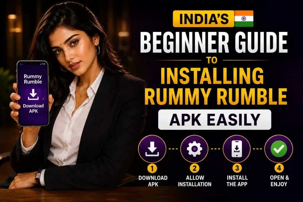 India beginner guide to installing Rummy Rumble APK with model, phone download screen, and step-by-step install icons.
