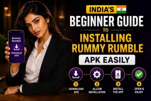 India beginner guide to installing Rummy Rumble APK with model, phone download screen, and step-by-step install icons.