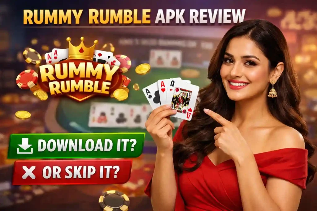 Rummy Rumble APK review featured image showing an Indian woman holding playing cards with casino chips and “Download it or Skip it” call-to-action banner