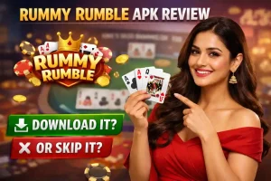 Rummy Rumble APK review featured image showing an Indian woman holding playing cards with casino chips and “Download it or Skip it” call-to-action banner