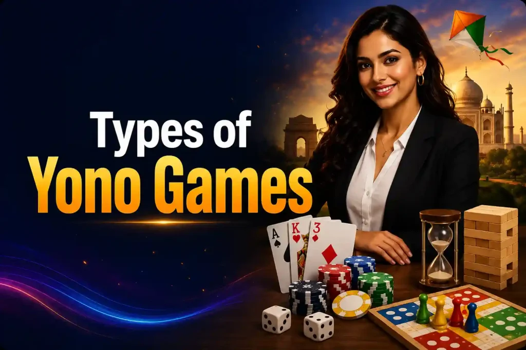 Types of Yono Games banner with bold title, Indian-style background, and game-themed objects on a table.