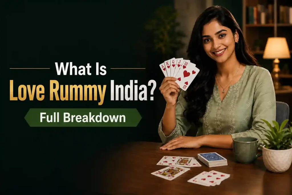 Attractive Indian woman in a red saree holding playing cards with “What Is Love Rummy? Full Breakdown” text on a luxury casino-style background with hearts and gold accents.