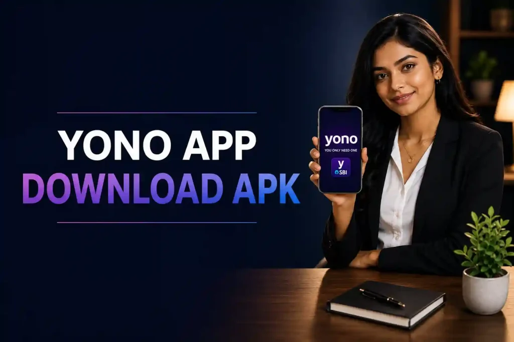 Yono App Download APK guide banner with Indian woman holding a phone, dark blue background, and bold download title text.