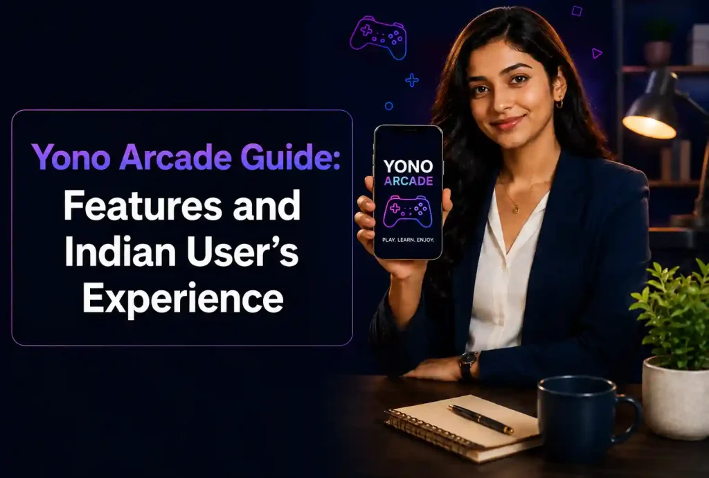 Indian woman holding a phone with Yono Arcade guide title on a dark neon gaming-themed background.