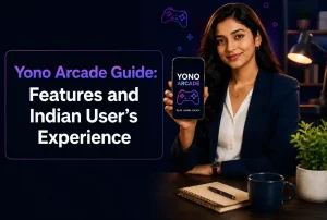 Indian woman holding a phone with Yono Arcade guide title on a dark neon gaming-themed background.