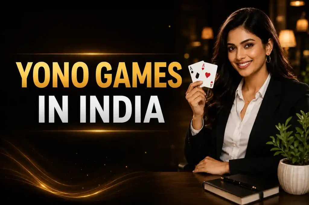 Yono Games in India banner with bold gold title, professional woman holding cards, and a dark premium gaming-style background.