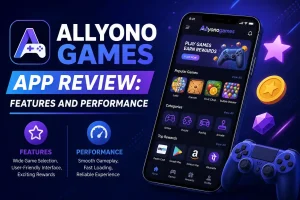 Promotional graphic for “Allyono Games” app review showing a smartphone with a gaming app interface, game icons, rewards options, and text highlighting features like wide game selection and user-friendly design, plus performance benefits such as smooth gameplay and fast loading.