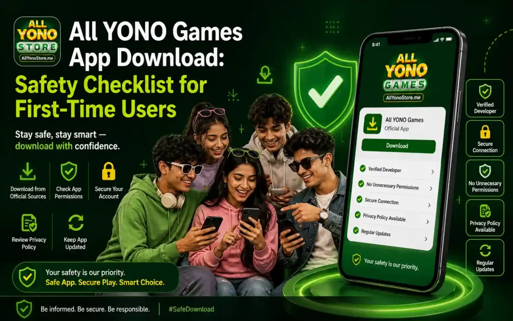 Promotional graphic for “All YONO Games App Download: Safety Checklist for First-Time Users.” A group of five young people sit together smiling and looking at their smartphones. The design features a large smartphone mockup displaying the “All YONO Games” app with a download button and security checklist items such as verified developer, secure connection, no unnecessary permissions, privacy policy available, and regular updates. Bright green icons and shields emphasize safety, with additional text encouraging users to download from official sources, check permissions, secure accounts, review privacy policies, and keep apps updated. The overall theme highlights safe and responsible app downloading.