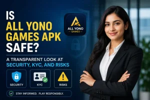 Professional featured image showing a confident Indian businesswoman in corporate attire standing in a modern office setting, alongside bold text reading “Is All Yono Games APK Safe?” with visual elements highlighting security, KYC verification, and risk awareness in a sleek blue tech-themed design.
