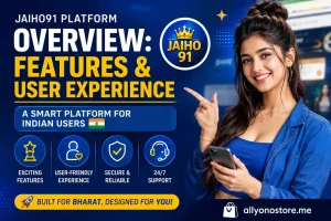 Promotional banner for “JAIHO91 Platform” highlighting features and user experience, with bold text stating it is a smart platform for Indian users. Icons emphasize exciting features, user-friendly experience, security, and 24/7 support. On the right, a smiling woman holds a smartphone and points toward the platform logo. Text at the bottom reads “Built for Bharat, Designed for You!”