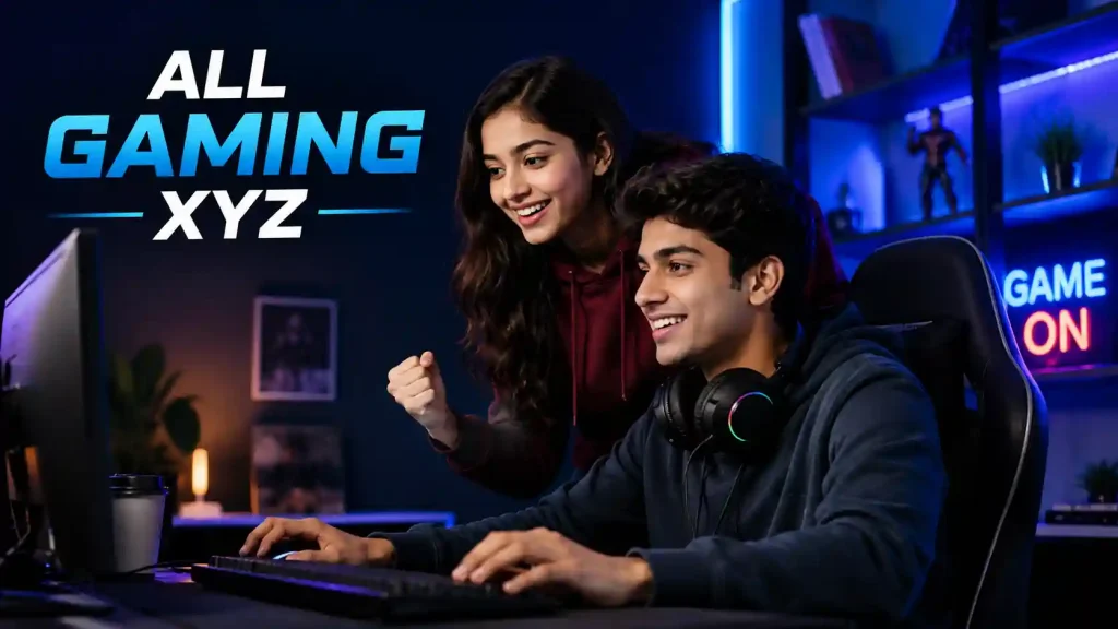 Two Indian Gen Z gamers in a modern neon-lit gaming setup, smiling while playing on a desktop PC, with the text “All Gaming XYZ” displayed in bold on the left side.